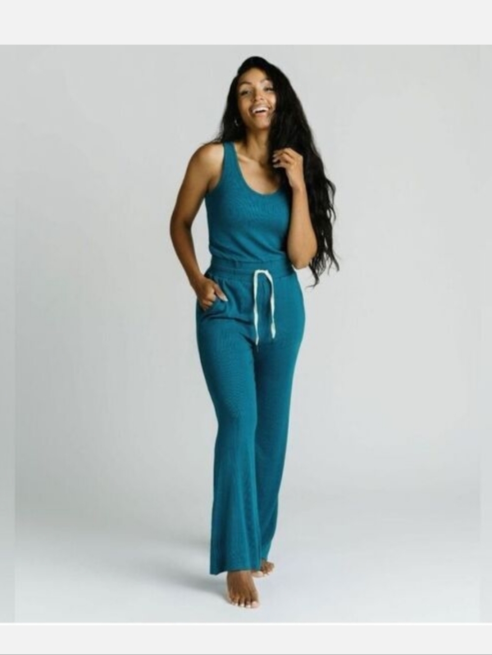 ZYIA Teal Blue Sleeveless Jumpsuit with Drawstring - Picture 5 of 6